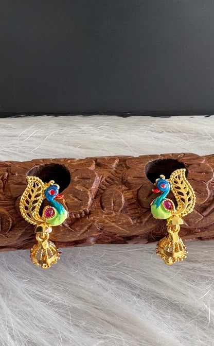 Gold tone blue-green small enamel peacock jhumkka dj-51291