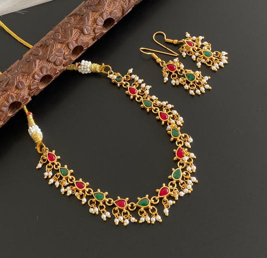Antique gold tone kemp-green kundan jadau pearl necklace set dj-54149
