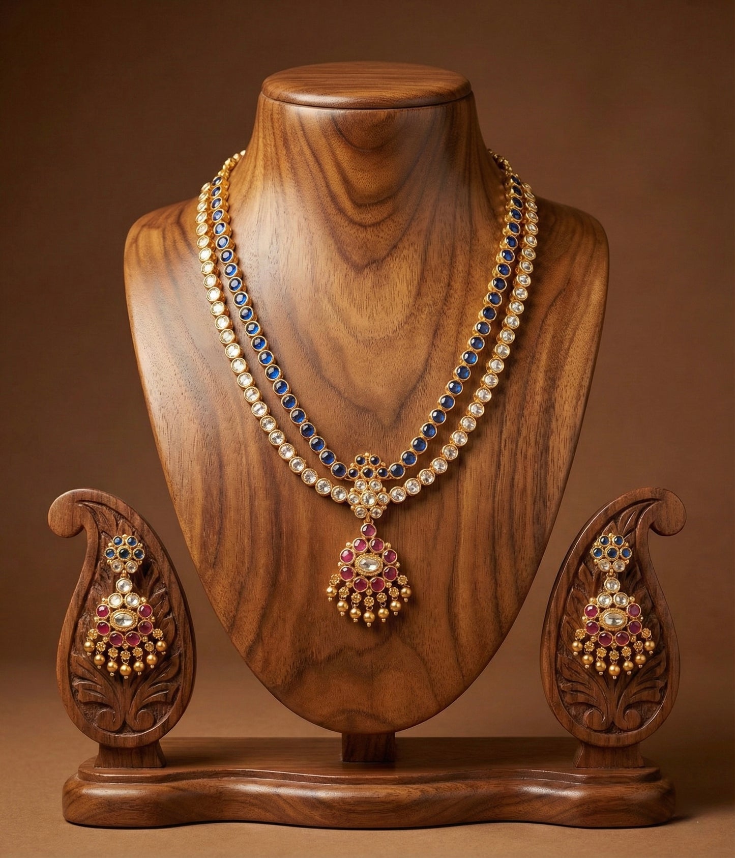 Matte finish blue-white-pink double layer attigai/necklace set dj-52722