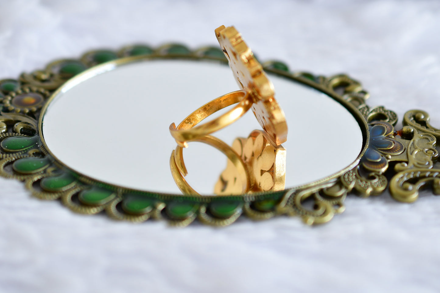 Gold tone pink-green-pearl kundan jadau peacock finger ring dj-52368