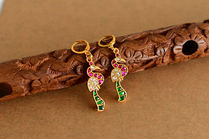Gold tone pink-green-white kundan jadau peacock hook earrings dj-51990