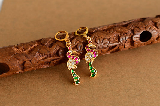 Gold tone pink-green-white kundan jadau peacock hook earrings dj-51990
