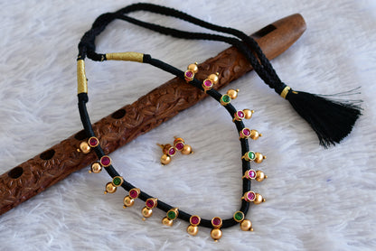 Matte finish kemp-green black silk thread necklace set dj-52406