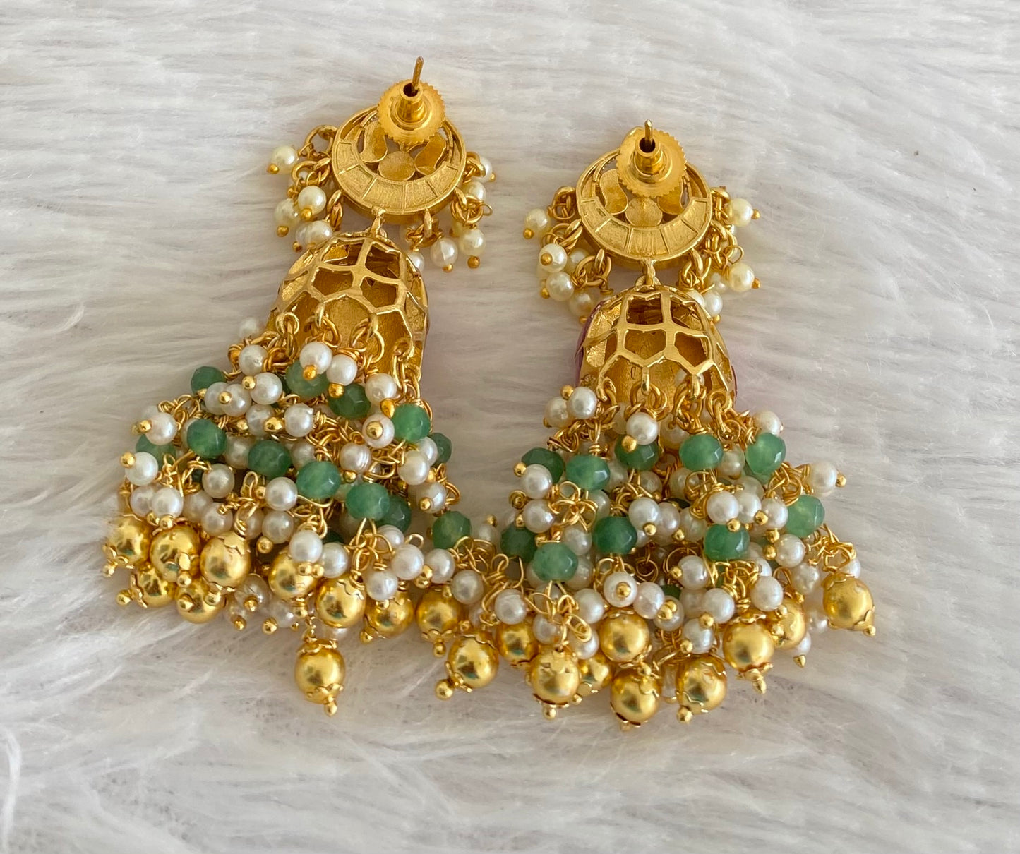 Gold tone pink-white-green stone beaded kundan jadau long jhumkka dj-53588