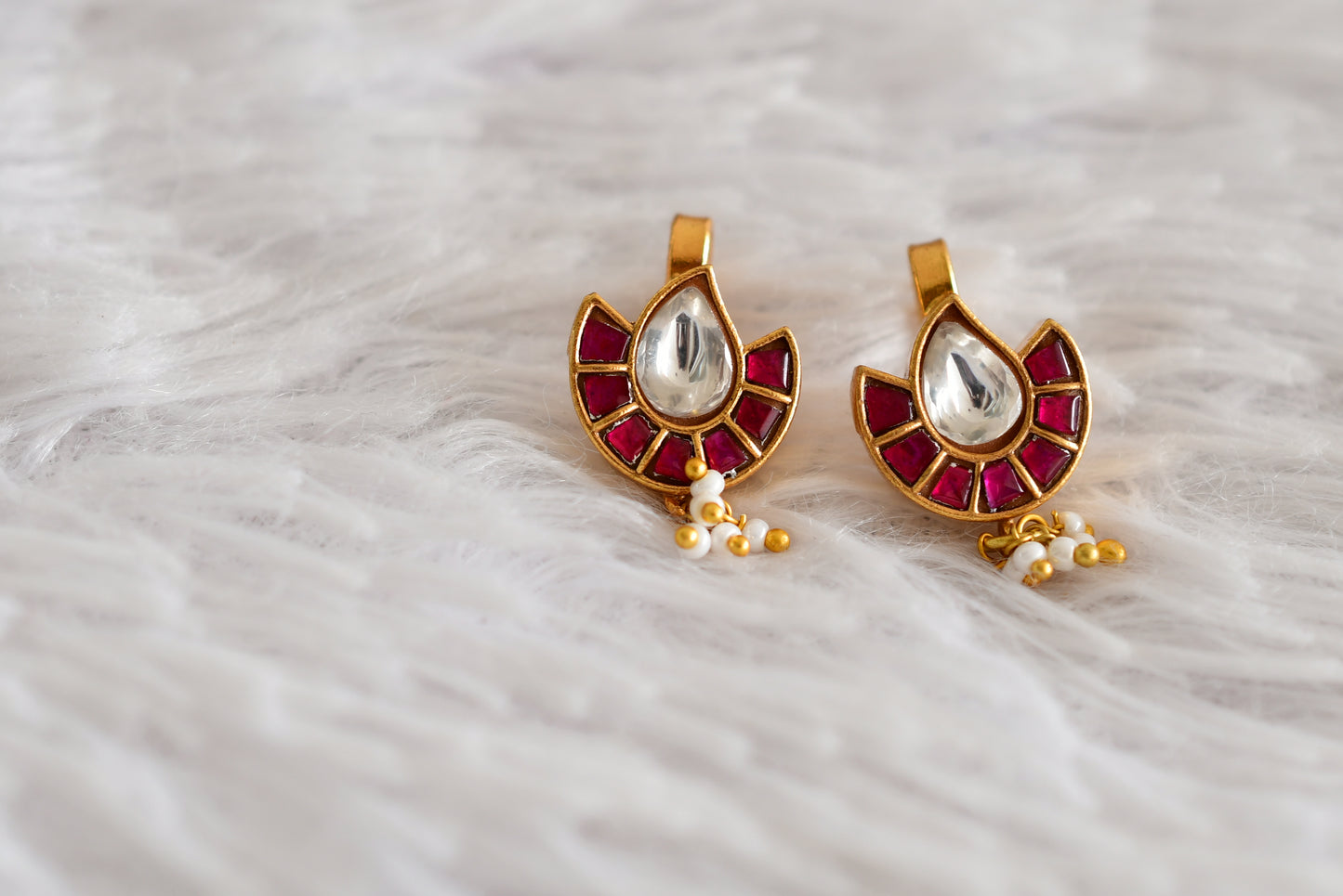 Gold tone pink-white kundan jadau bugadi earrings dj-52494