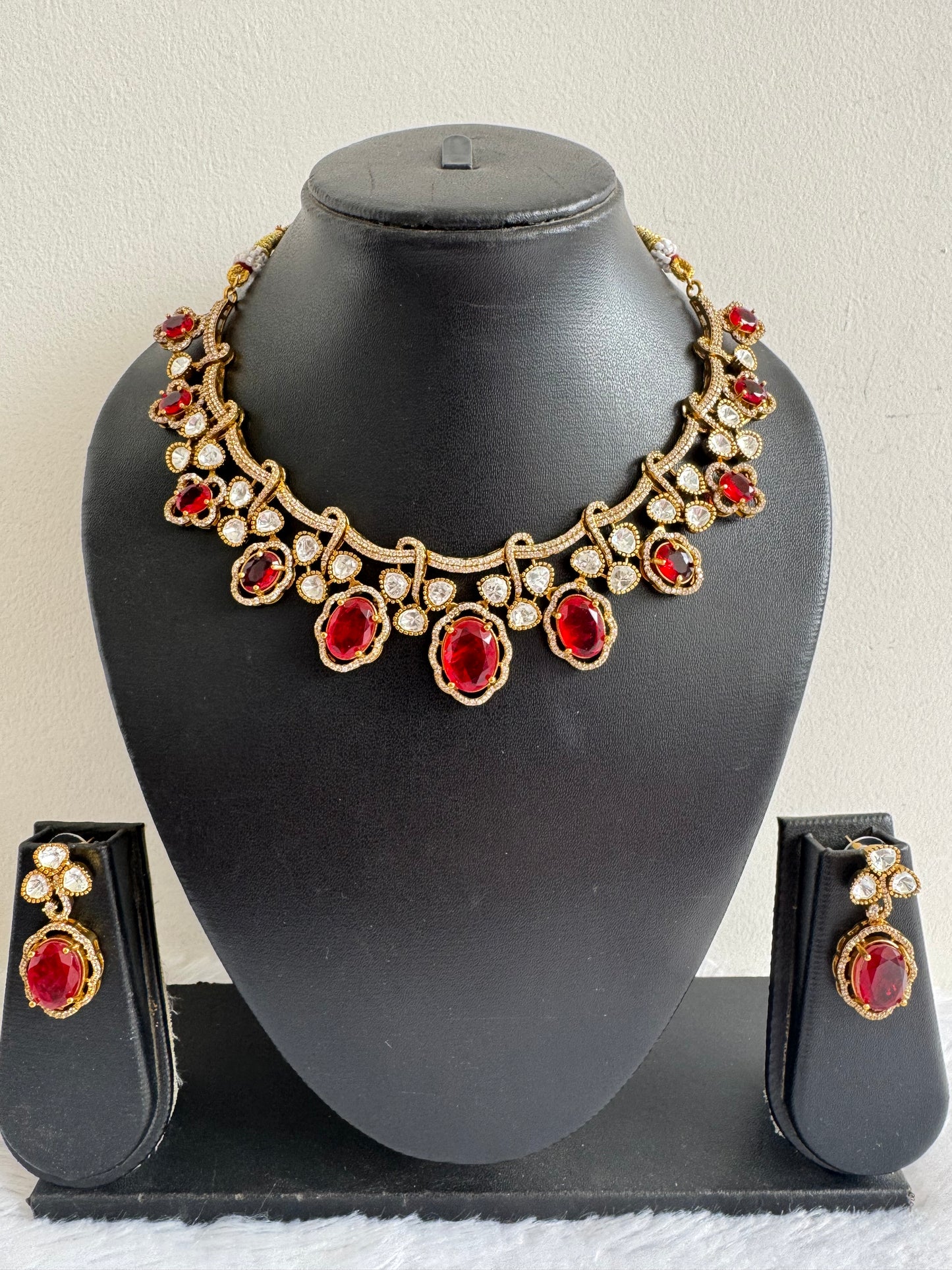 Antique gold tone cz red moissanite necklace set dj-51072