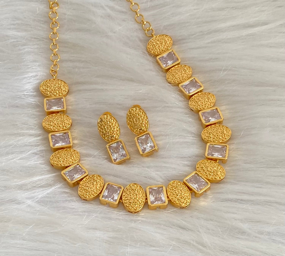 Gold tone white block stone necklace set dj-54663