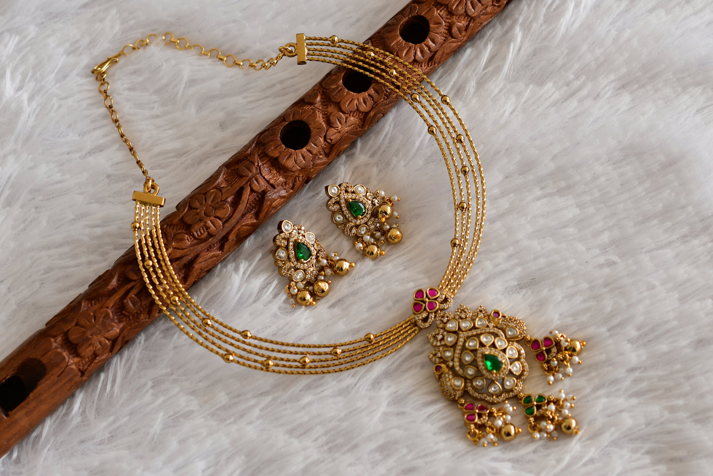 Antique gold tone pink-green kundan jadau kante necklace set dj-52423