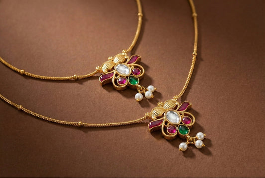 Gold tone pink-green-white kundan jadau anklets dj-52397