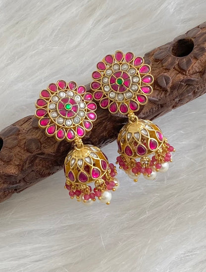 Gold tone kemp-green-white stone kundan jadau pearl jhumkka dj-54588