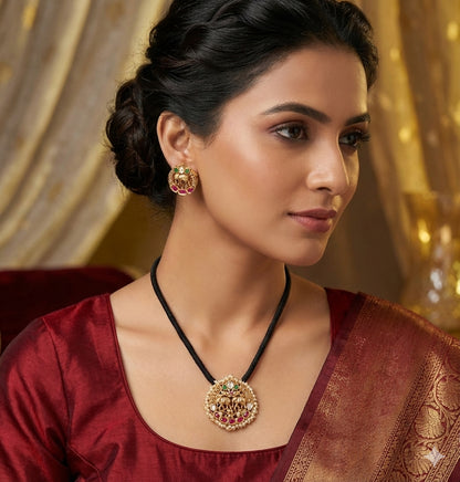 Matte finish pink-green kundan jadau black thread necklace set dj-52407