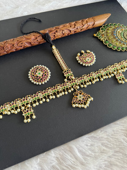 Gold tone precious kemp-green-white pearl lotus head set with sun moon dj-52269