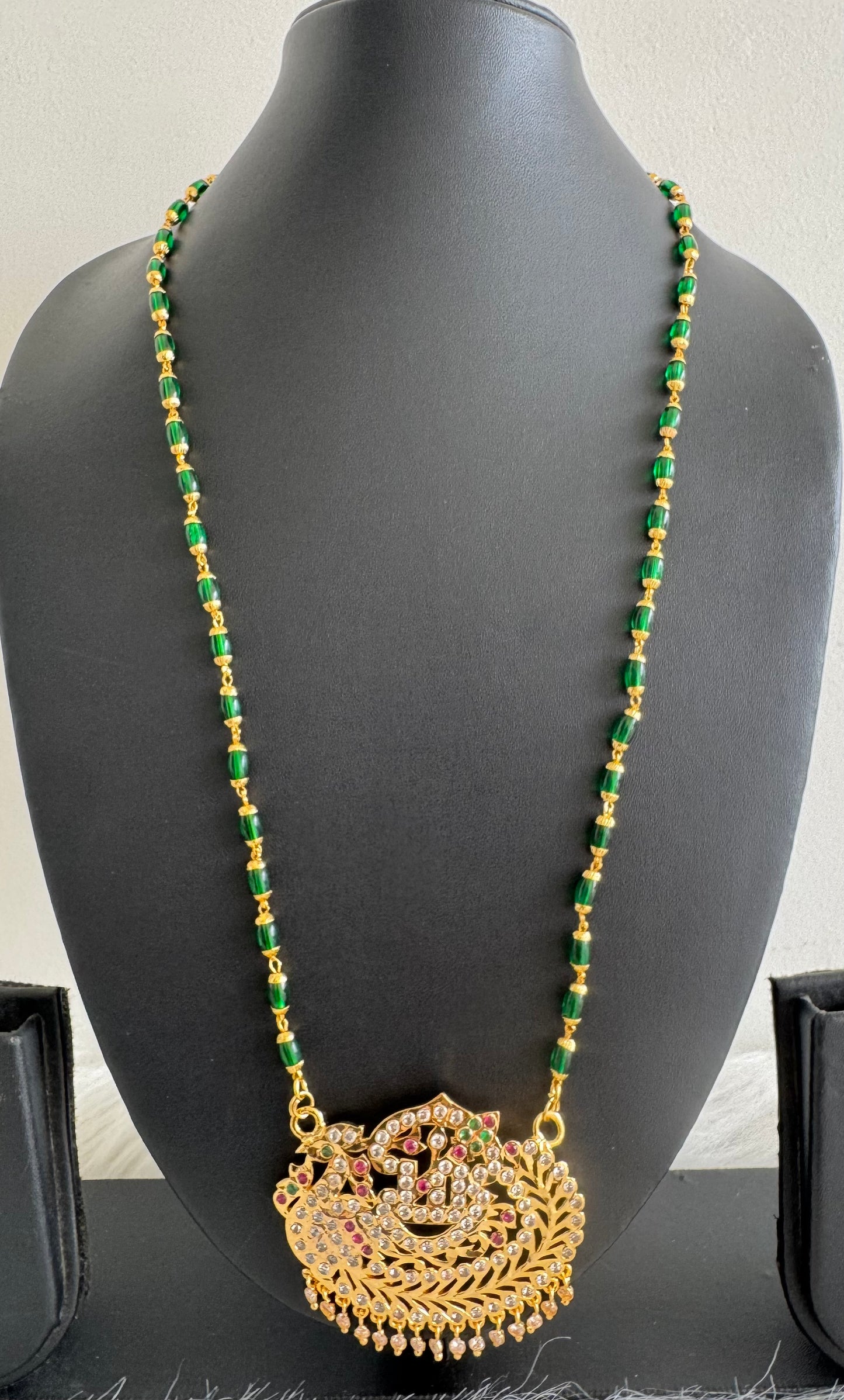 Gold tone 24 inches green beaded chain with AD pink-green Om peacock pendant dj-51192
