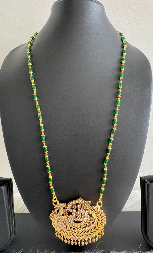Gold tone 24 inches green beaded chain with AD pink-green Om peacock pendant dj-51192