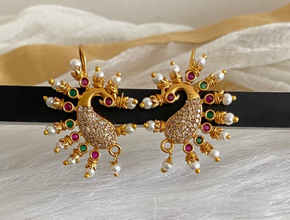 Matte gold white-pink-green stone pearl peacock bugadi earrings dj-53669