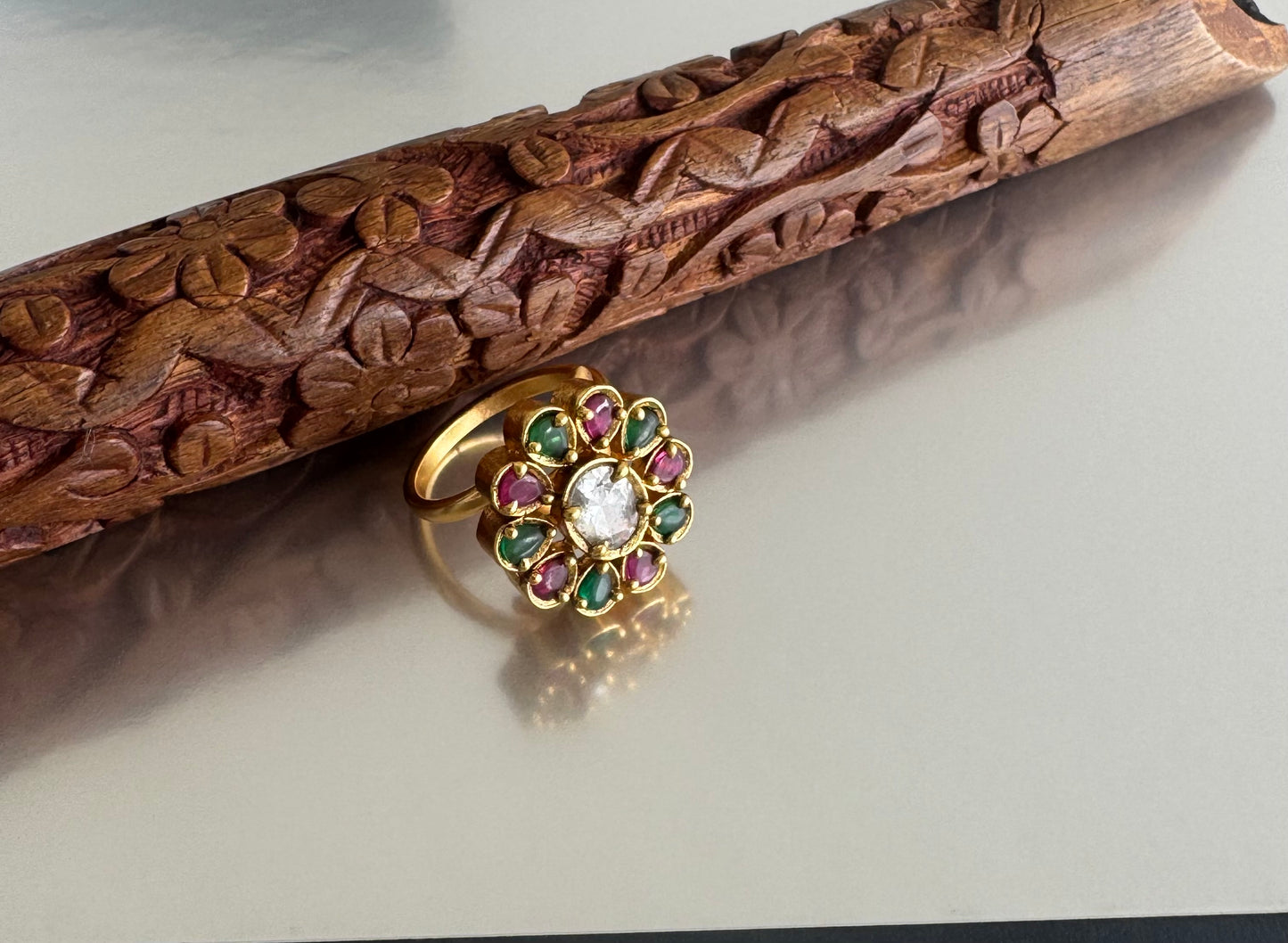 Matte finish kemp-green flower adjustable finger ring dj-51397