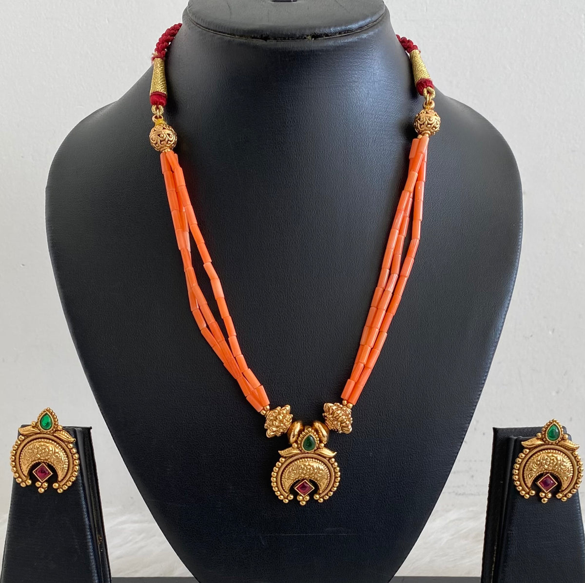 Antique gold tone coral nakshi beaded moon necklace set dj-54965