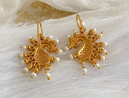 Matte gold white-pink-green stone pearl peacock bugadi earrings dj-53669