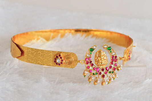 Gold tone pink-green-white kundan jadau Lakshmi mango waist band dj-52171