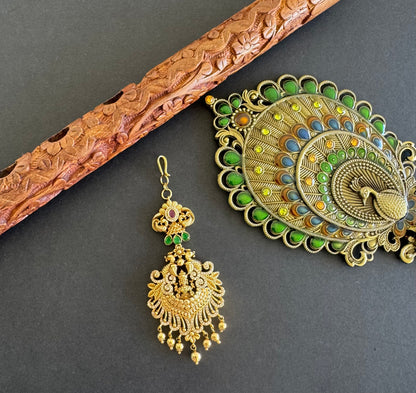 Antique gold tone lakshmi peacock tikka dj-52056