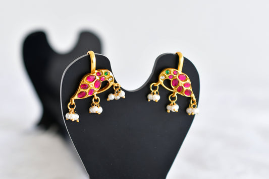 Gold tone pink-green-white kundan jadau peacock bugadi earrings dj-52477