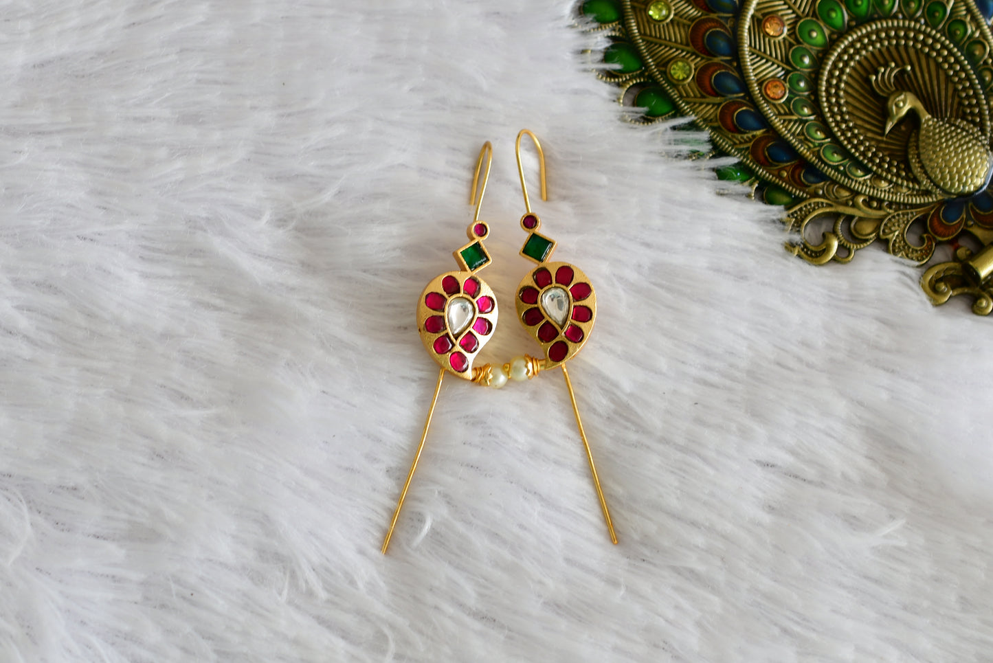 Gold tone pink-green-white kundan jadau mango bugadi needle earrings dj-52462