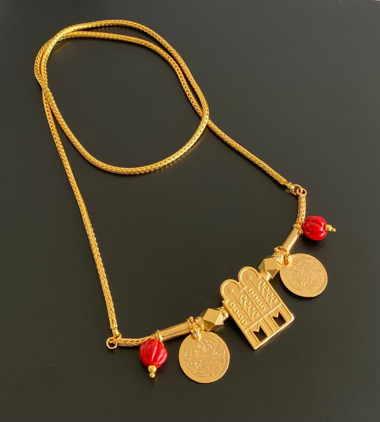 Gold tone 24 inches chain with coral bead lakshmi coin thulasi mangalyam dj-54376