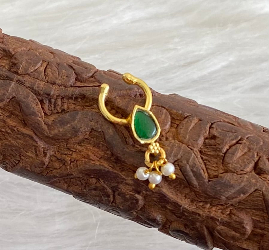 Gold tone green stone pearl nose pin/bulakku dj-53811