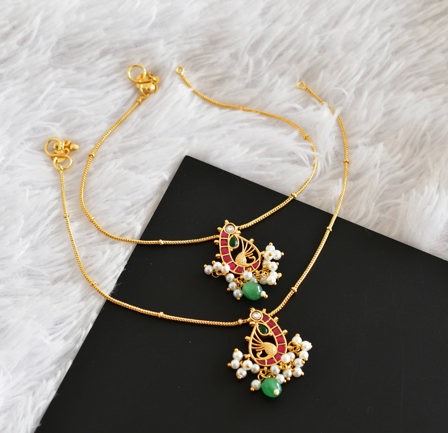 Gold tone pink-green-white peacock kundan jadau anklets dj-52396