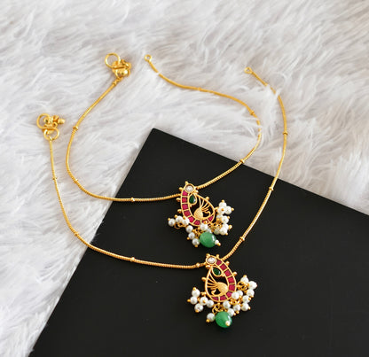 Gold tone pink-green-white peacock kundan jadau anklets dj-52396