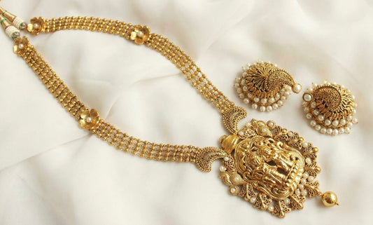 Antique gold tone pearl Radhe-Krishna nakshi haar set DJ22179