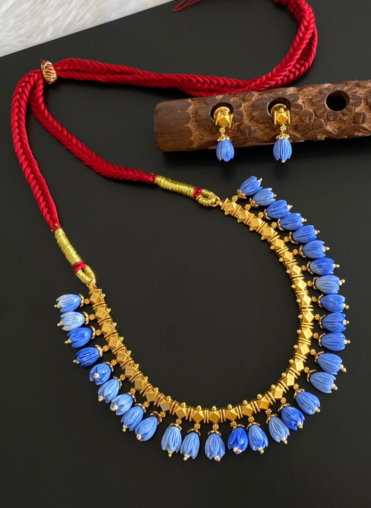 Antique gold tone blue tulip beaded necklace set dj-54369