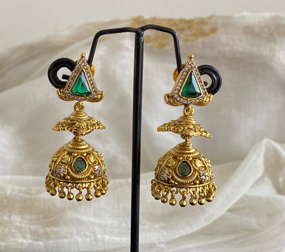 Antique gold tone green-white stone jhumkka dj-55091