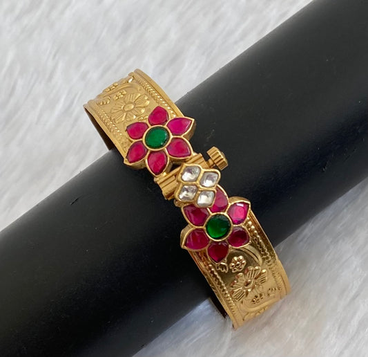 Matte finish kemp-green-white Kundan flower screw type kada(2.6) dj-53507