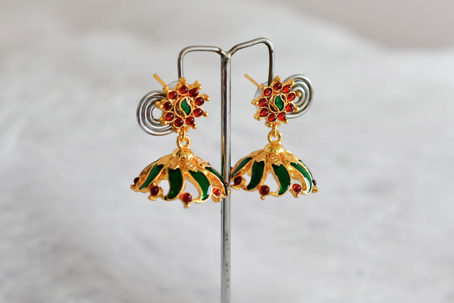 Gold tone maroon-green flower enamel jhumkka dj-52364