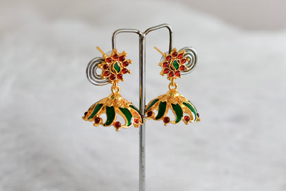Gold tone maroon-green flower enamel jhumkka dj-52364