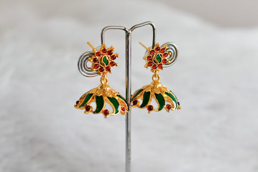 Gold tone maroon-green flower enamel jhumkka dj-52364