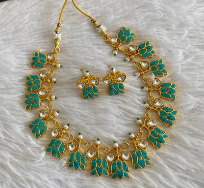 Gold tone blue-white kundan jadau lotus heart necklace set dj-53601