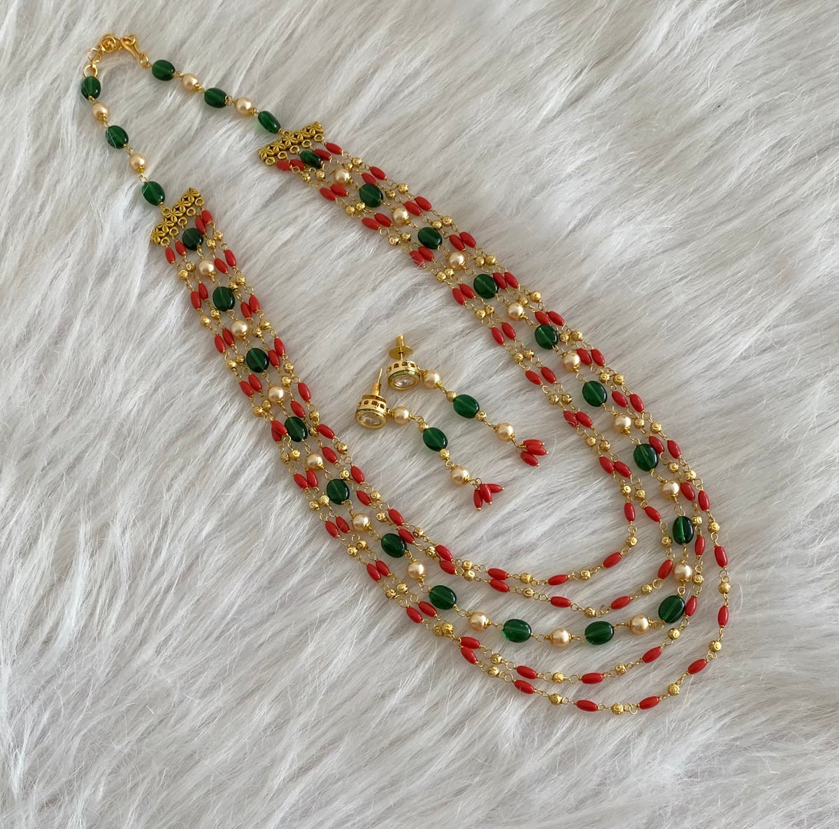 Antique gold tone multilayer coral-green beaded necklace set dj-54985