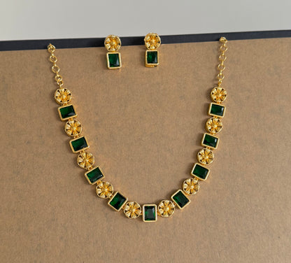 Gold tone green block stone flower necklace set dj-52094