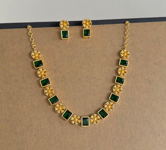 Gold tone green block stone flower necklace set dj-52094