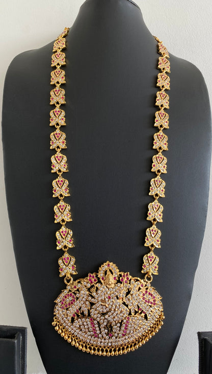 Gold tone south indian style grand AD pink-white peacock lakshmi haar dj-53257
