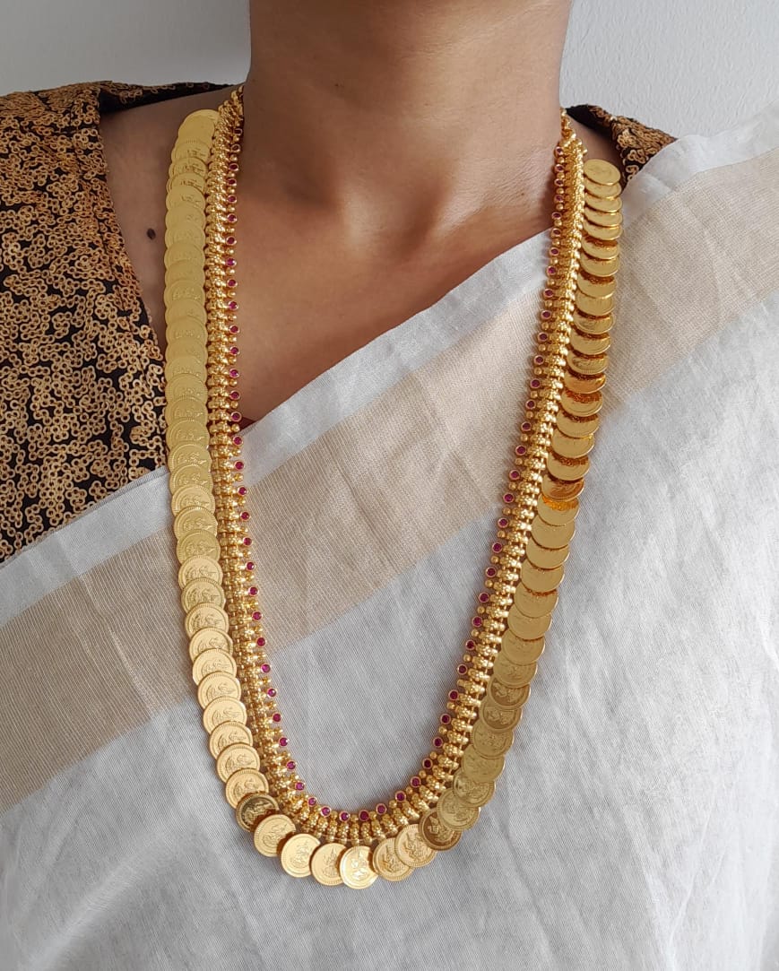 Gold look alike ad pink stone lakshmi coin haar dj-47796
