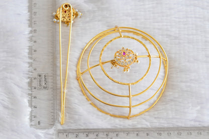 Gold tone kemp-green bun cage-hair accessory with stick Dj-52336