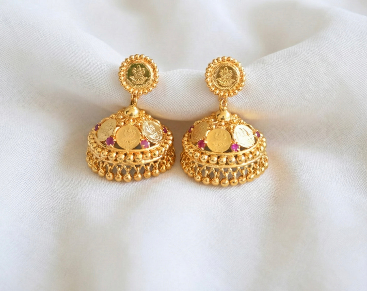 Gold tone ruby lakshmi coin jhumkka dj-32058