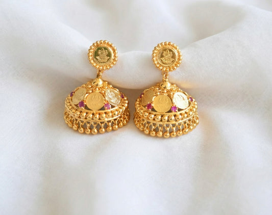 Gold tone ruby lakshmi coin jhumkka dj-32058