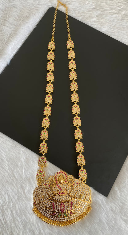 Gold tone south indian style grand AD pink-green-white gaja lakshmi haar dj-53254