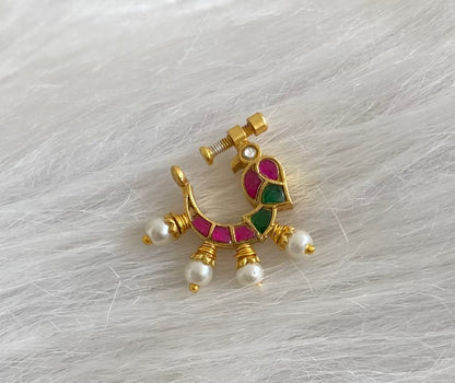 Gold tone kundan jadau pink-green stone pearl bird nose pin dj-53720
