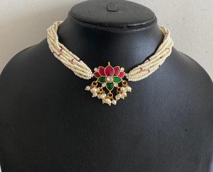 Gold tone pink-green-white kundan jadau lotus pearl choker necklace dj-54494