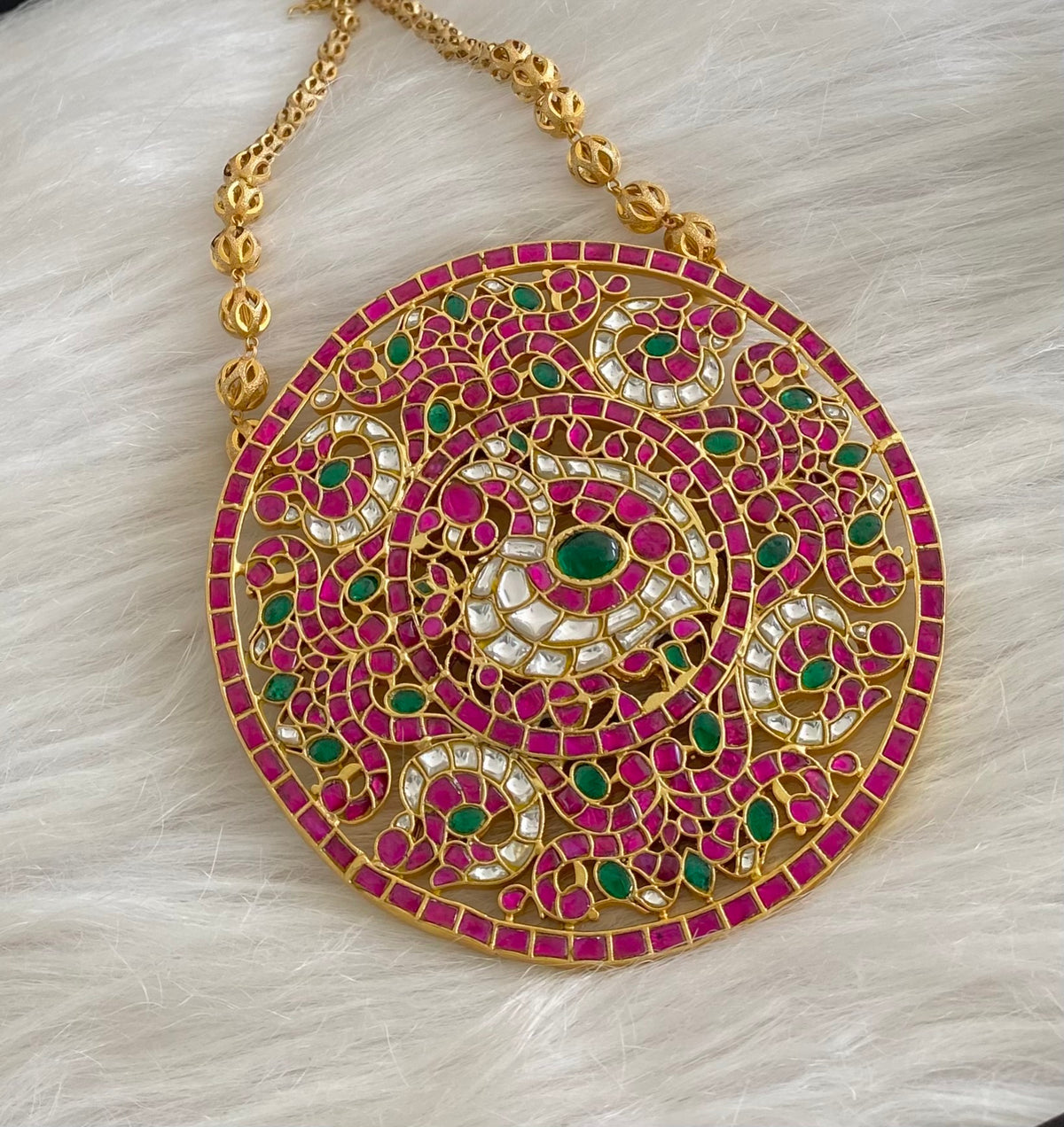 Matte finish pink-green-white kundan jadau huge round peacock necklace dj-54790